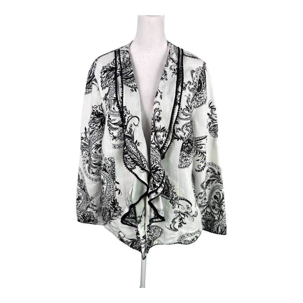 Chico's 2 L Linen Blend Open Jacket Ruffle Front White Black Paisley Long Sleeve